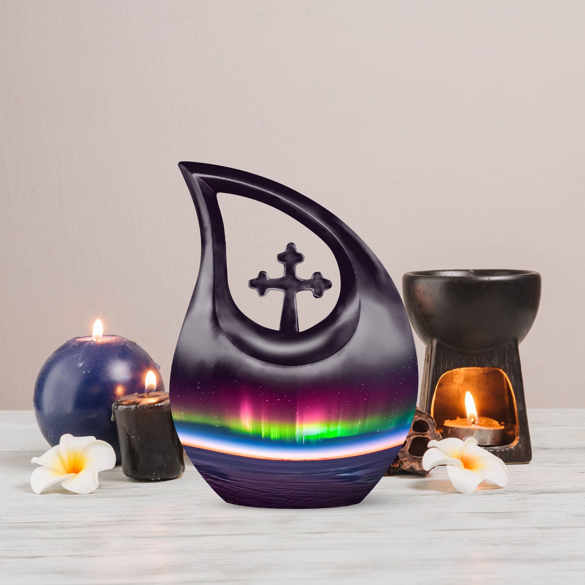 Aurora themed, 10-inch Cross Drop design cremation urn 