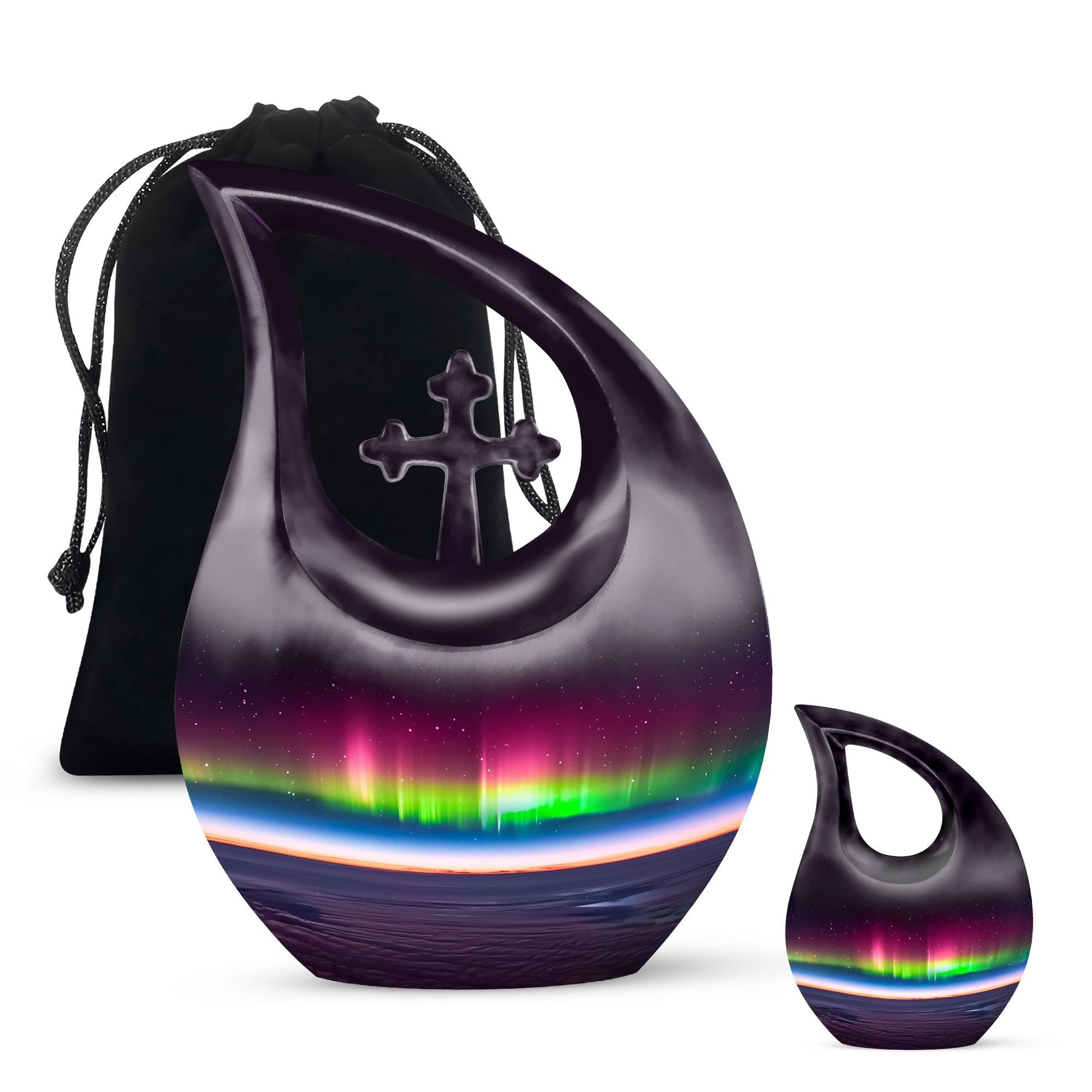 Aurora themed, 10-inch Cross Drop design cremation urn 