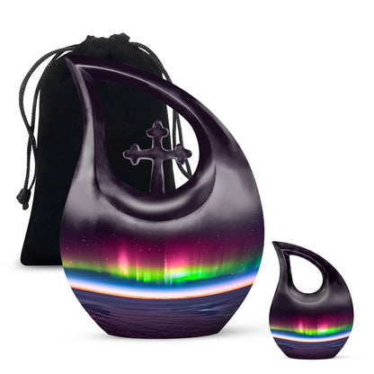 Aurora themed, 10-inch Cross Drop design cremation urn 