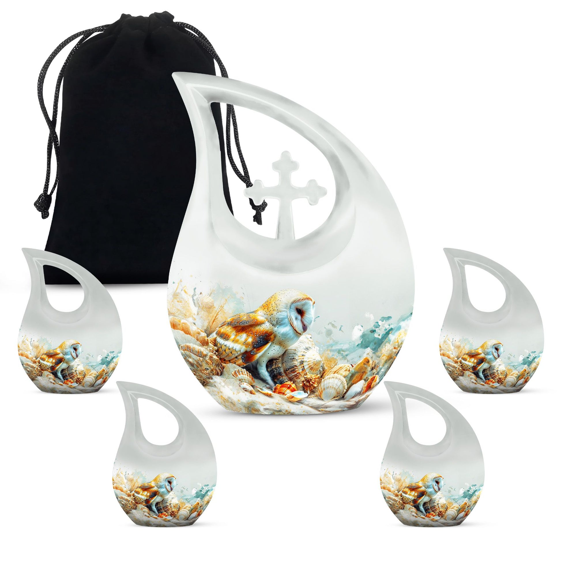 Barn Owl themed, Cross Drop 10-inch Aluminium All Faith Funeral Urn