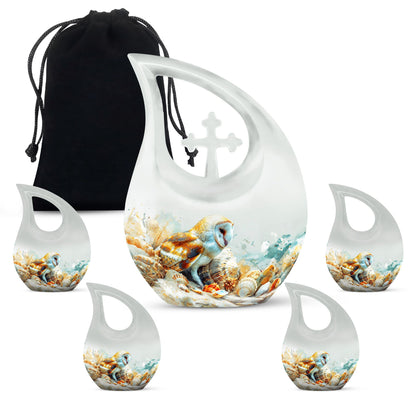Barn Owl themed, Cross Drop 10-inch Aluminium All Faith Funeral Urn