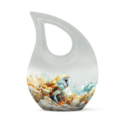 Barn Owl themed, Cross Drop 10-inch Aluminium All Faith Funeral Urn