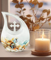 Barn Owl themed, Cross Drop 10-inch Aluminium All Faith Funeral Urn