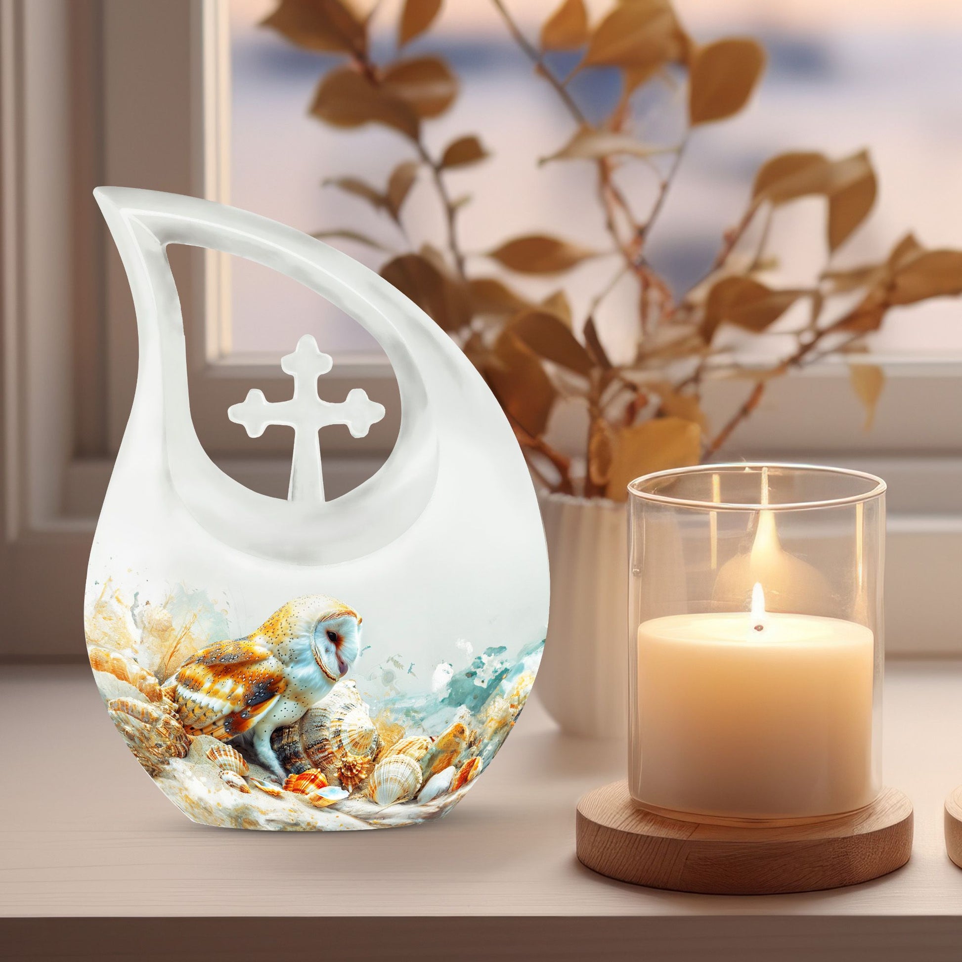 Barn Owl themed, Cross Drop 10-inch Aluminium All Faith Funeral Urn