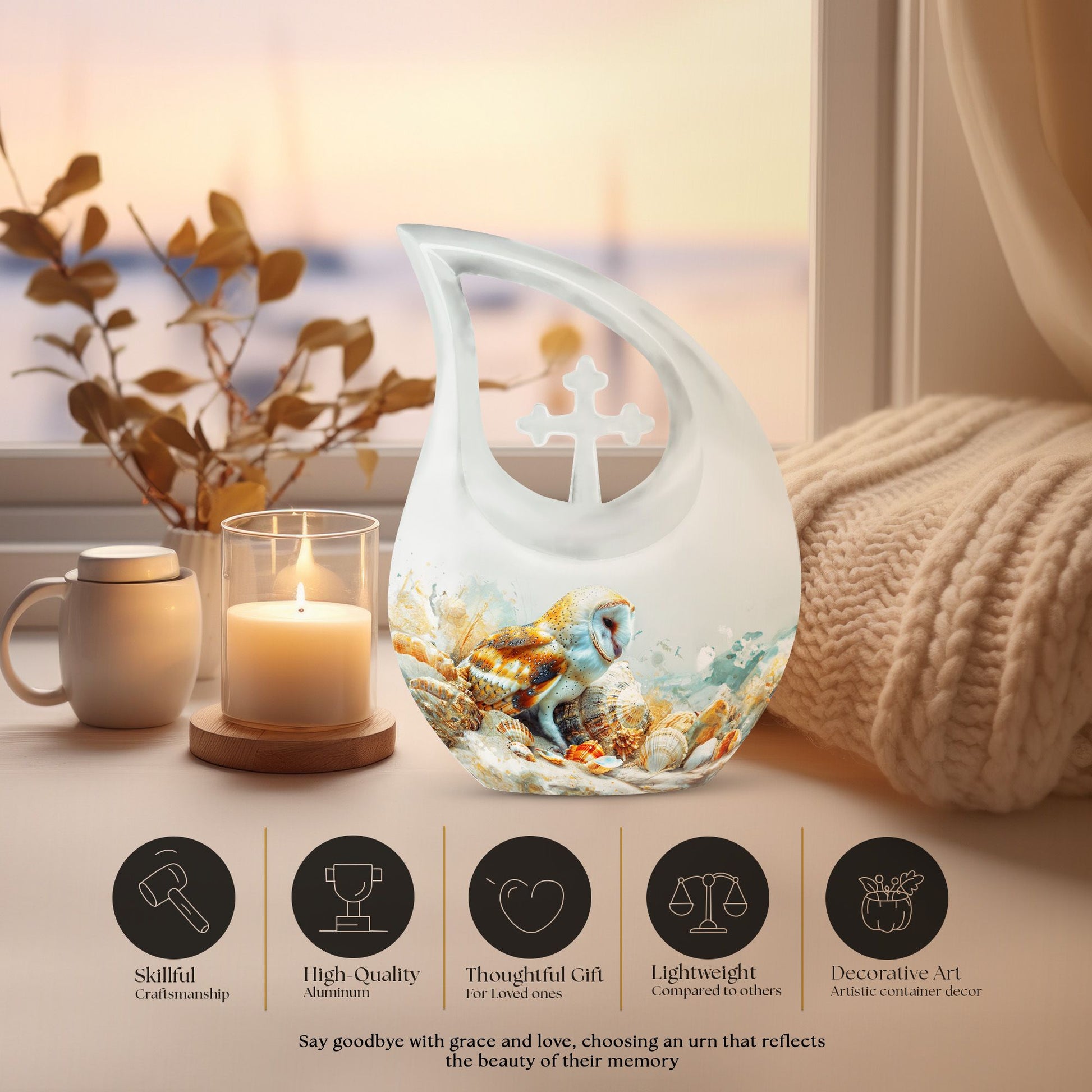Barn Owl themed, Cross Drop 10-inch Aluminium All Faith Funeral Urn