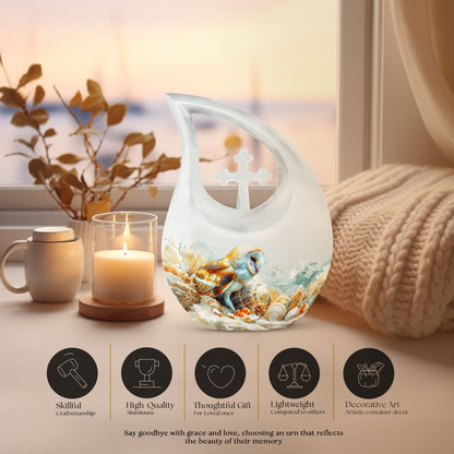 Barn Owl themed, Cross Drop 10-inch Aluminium All Faith Funeral Urn