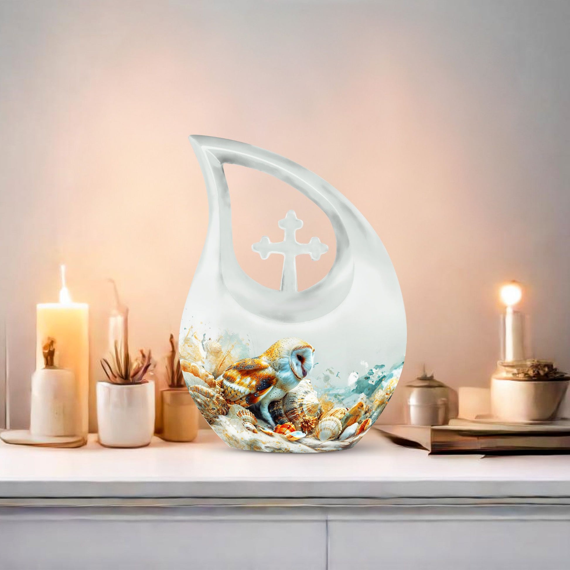 Barn Owl themed, Cross Drop 10-inch Aluminium All Faith Funeral Urn