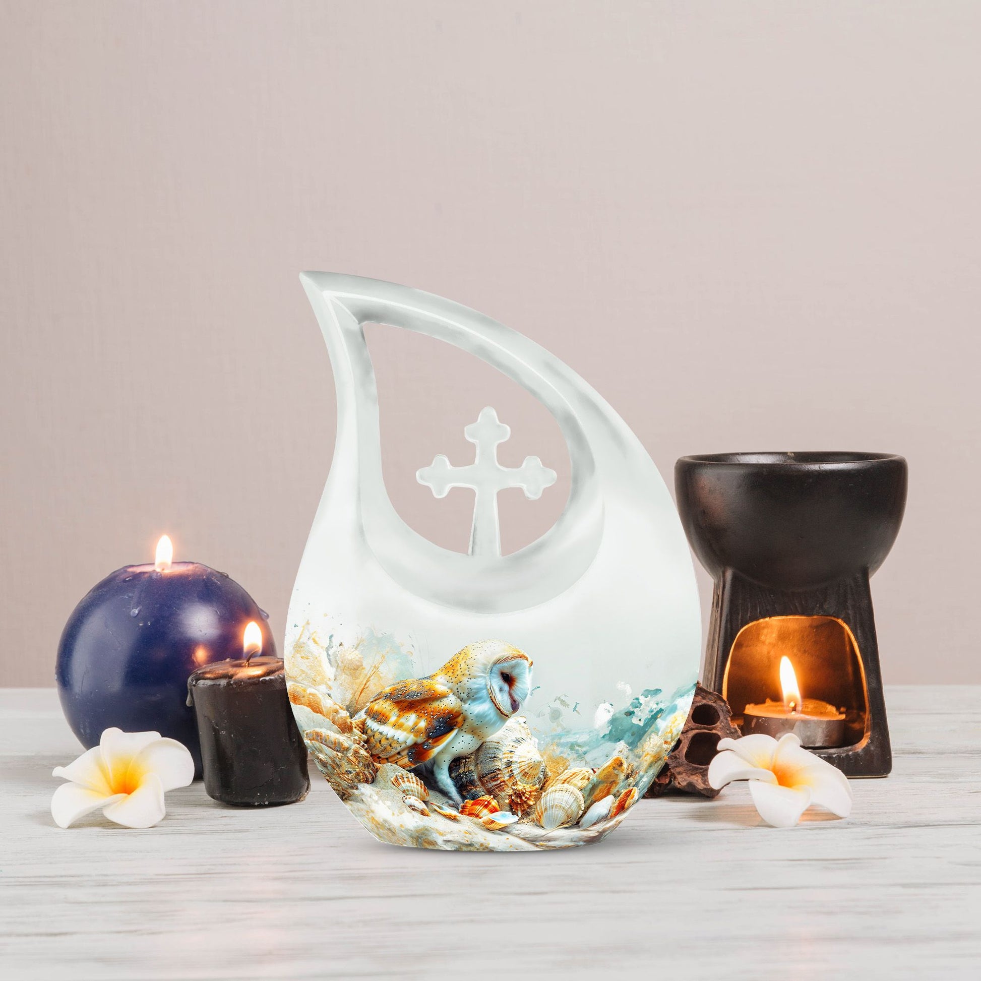 Barn Owl themed, Cross Drop 10-inch Aluminium All Faith Funeral Urn