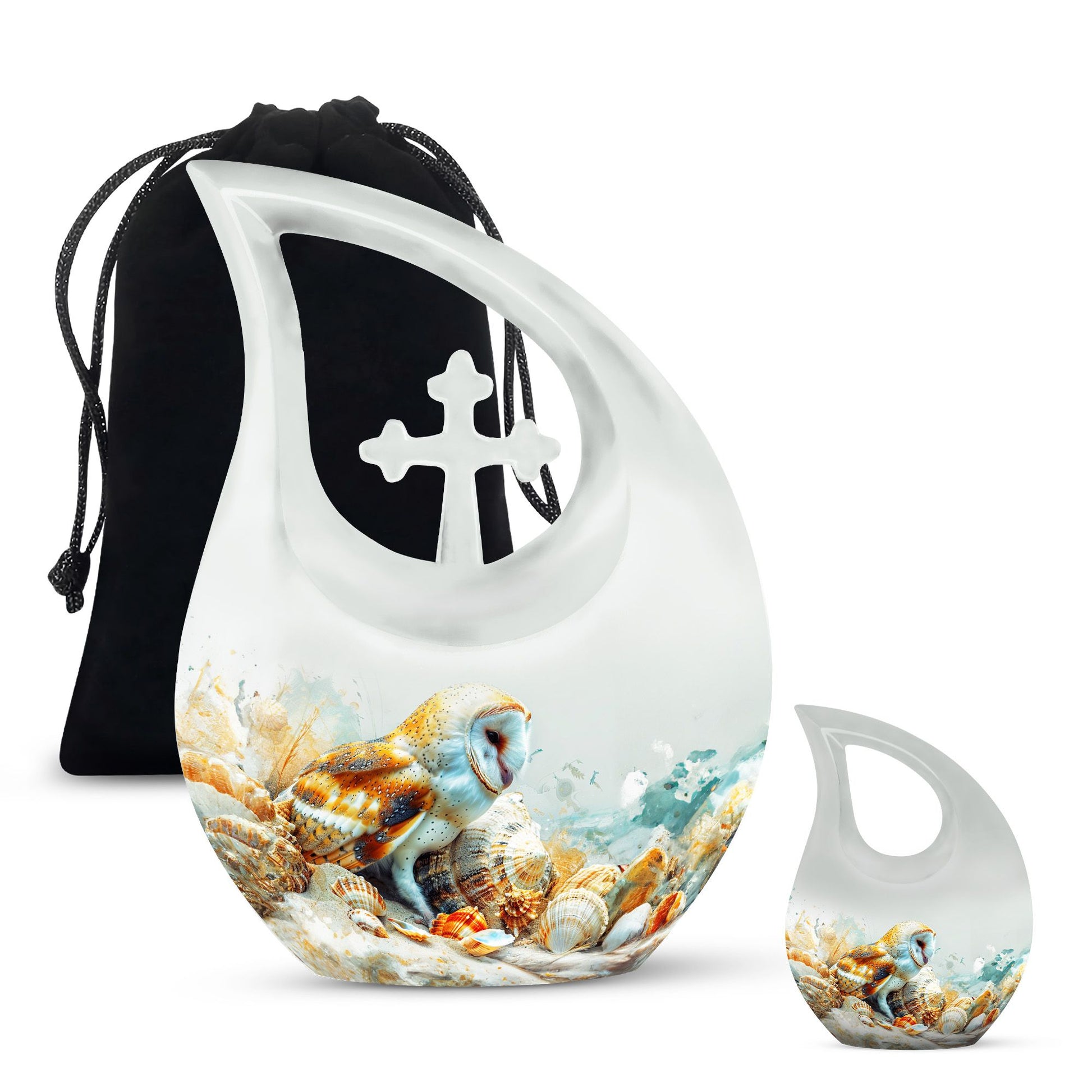 Barn Owl themed, Cross Drop 10-inch Aluminium All Faith Funeral Urn