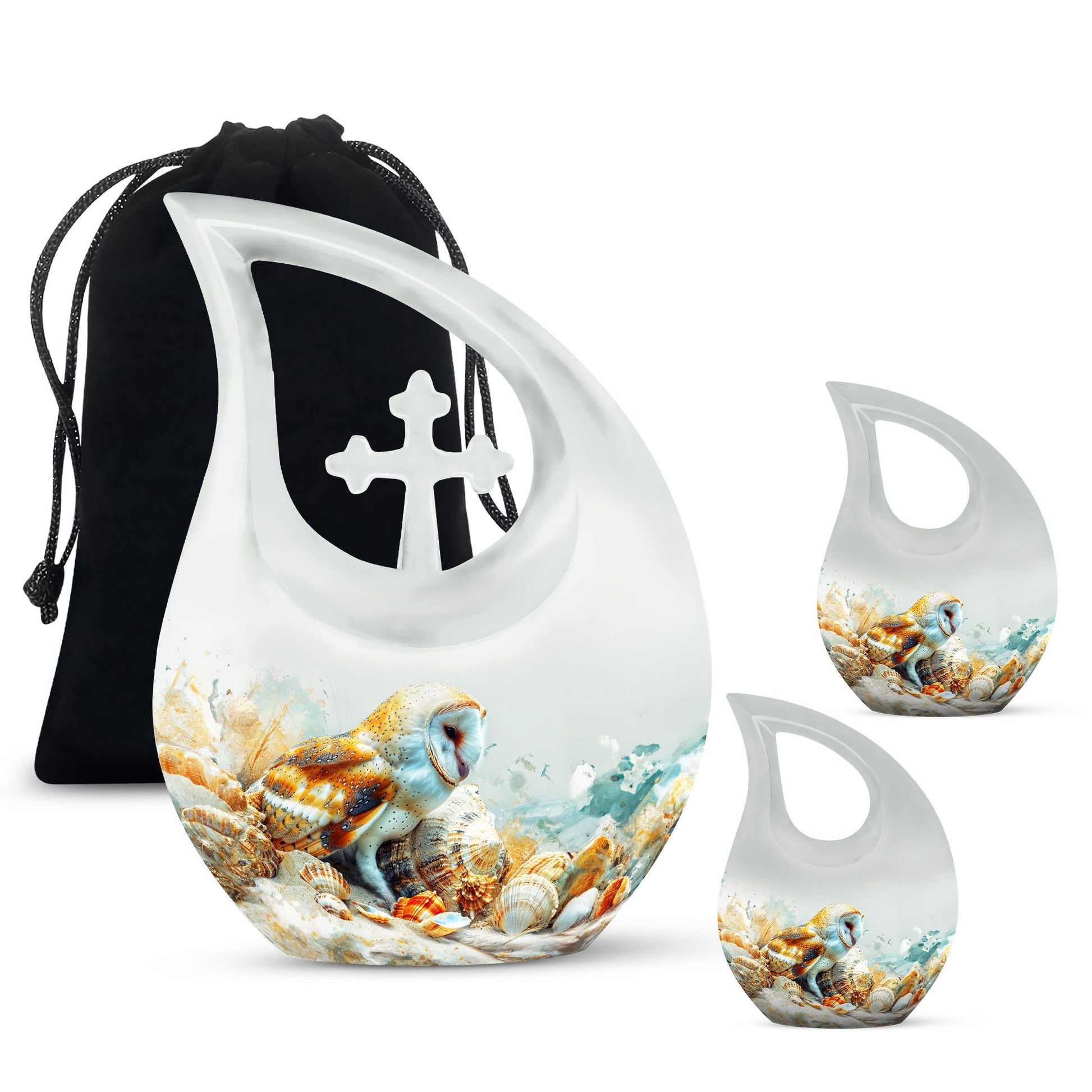 Barn Owl themed, Cross Drop 10-inch Aluminium All Faith Funeral Urn