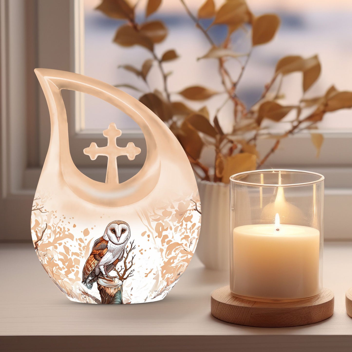 Barn Owl themed Cross Drop Medium Size Urn,