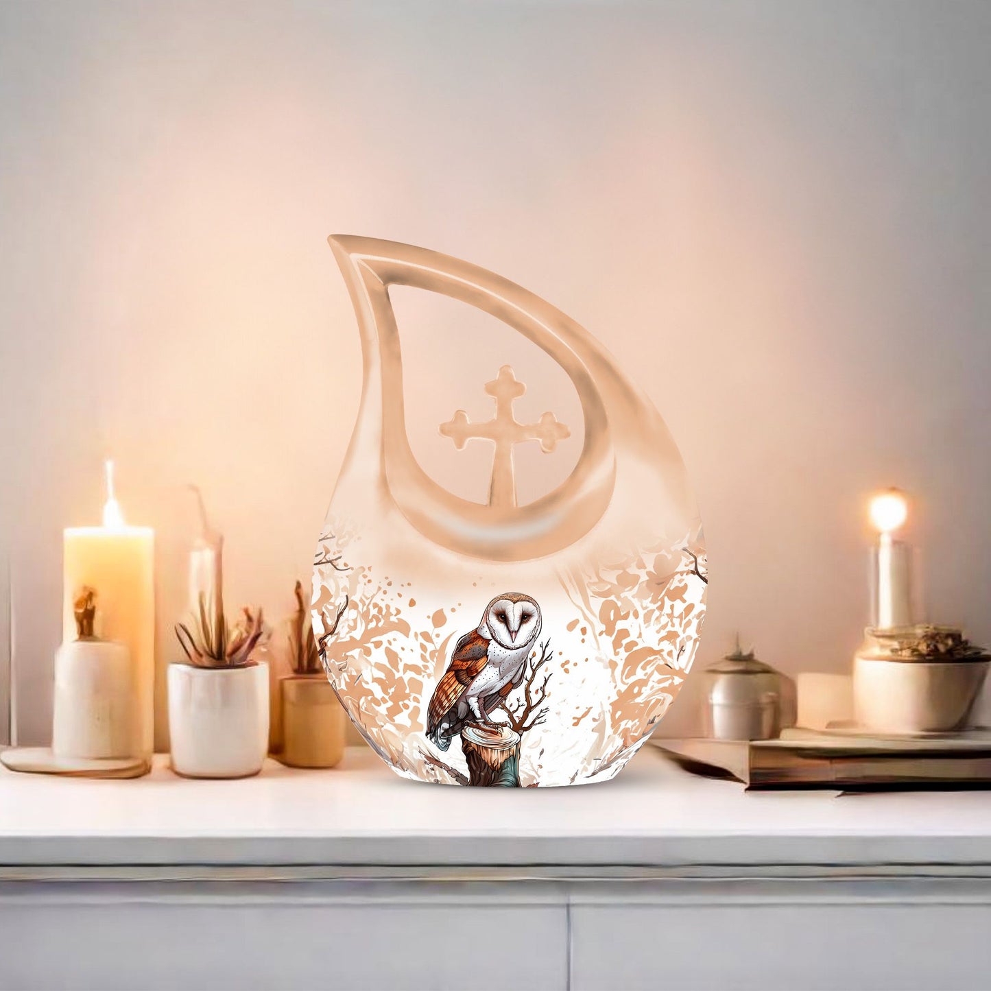 Barn Owl themed Cross Drop Medium Size Urn,