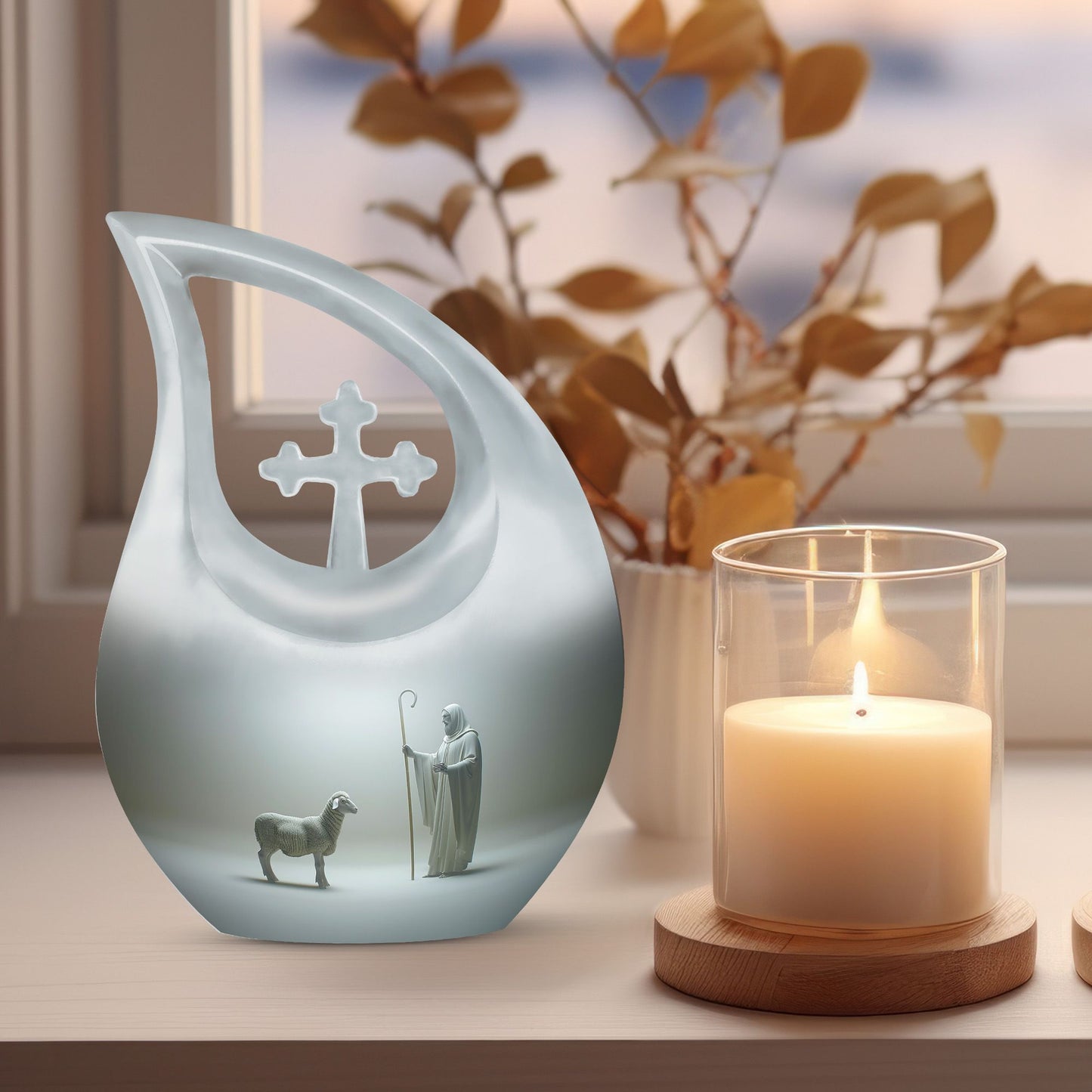 10 Inch Shepherd Themed Cross Drop Cremation Urn 