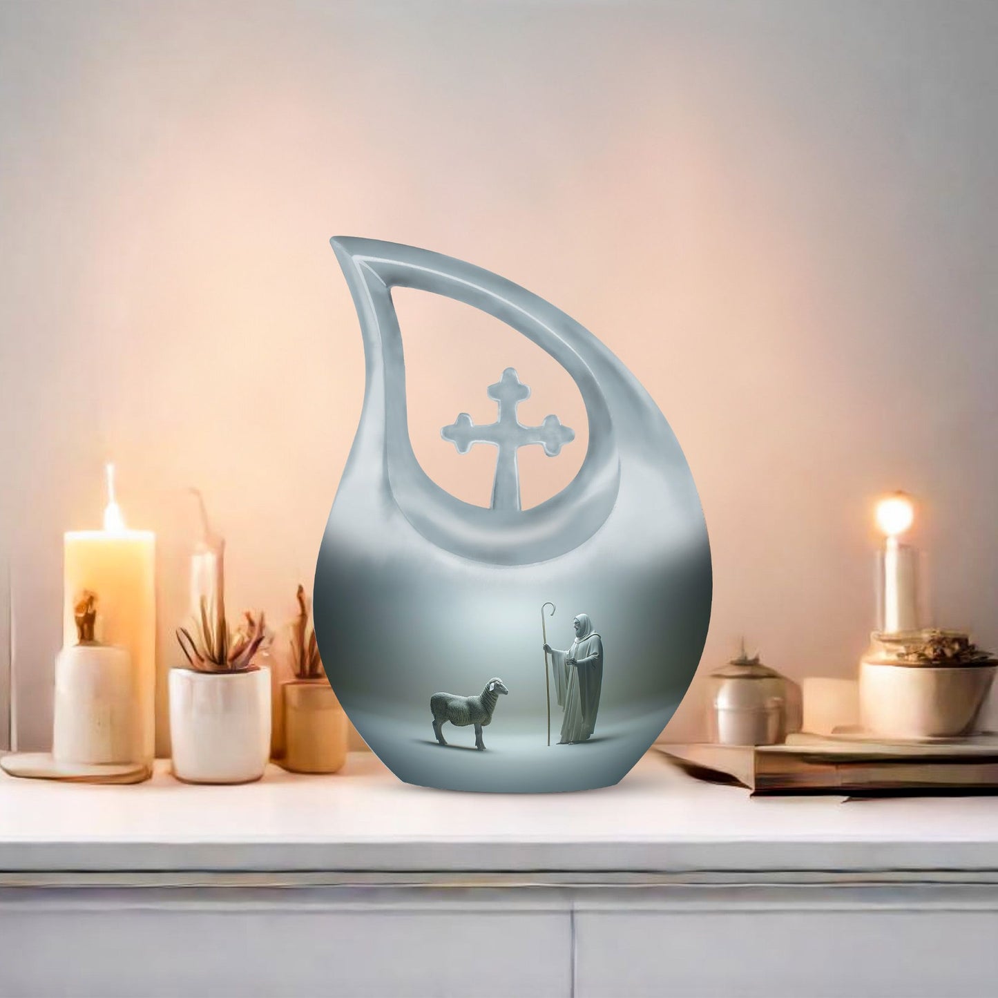 10 Inch Shepherd Themed Cross Drop Cremation Urn 