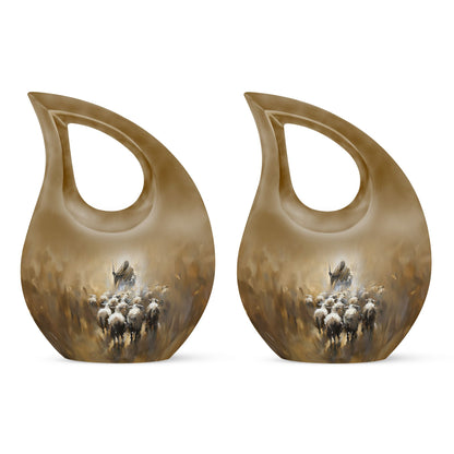 Shepherd-themed 10-inch Cross Drop design cremation urn