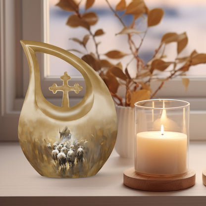 Shepherd-themed 10-inch Cross Drop design cremation urn