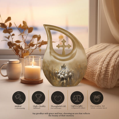 Shepherd-themed 10-inch Cross Drop design cremation urn