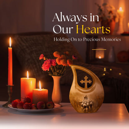 Shepherd-themed 10-inch Cross Drop design cremation urn
