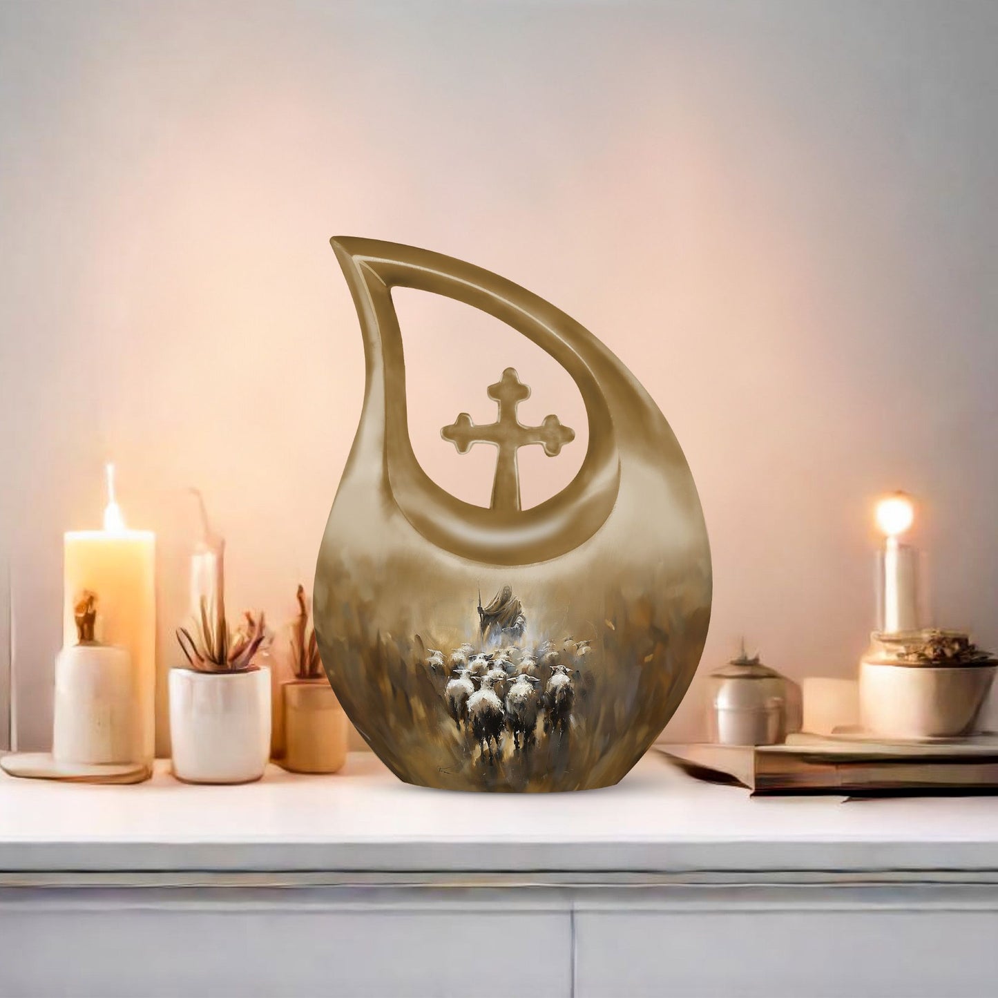 Shepherd-themed 10-inch Cross Drop design cremation urn