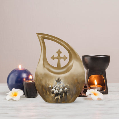 Shepherd-themed 10-inch Cross Drop design cremation urn