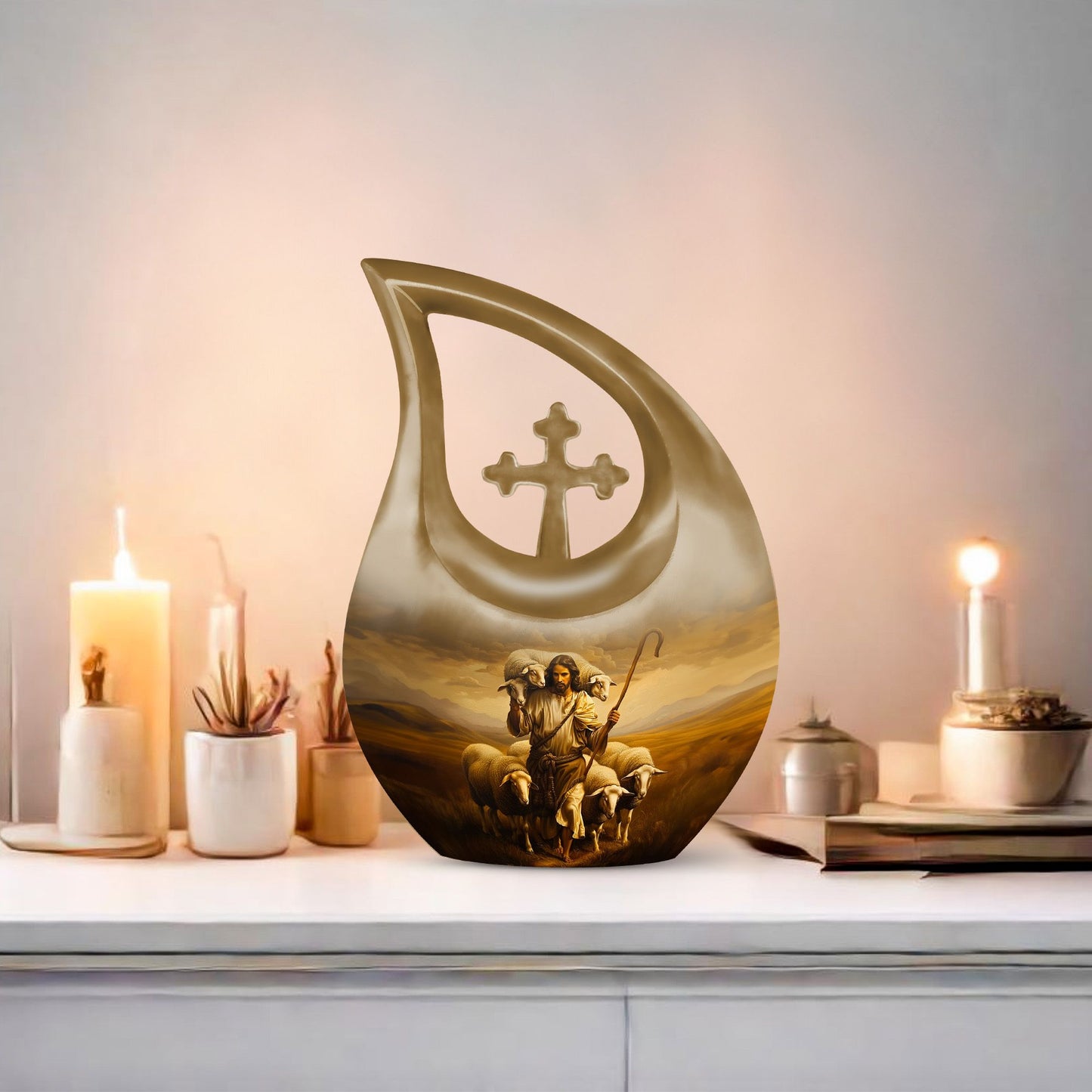 10 Inch Shepherd Themed Cross Drop Cremation Urn