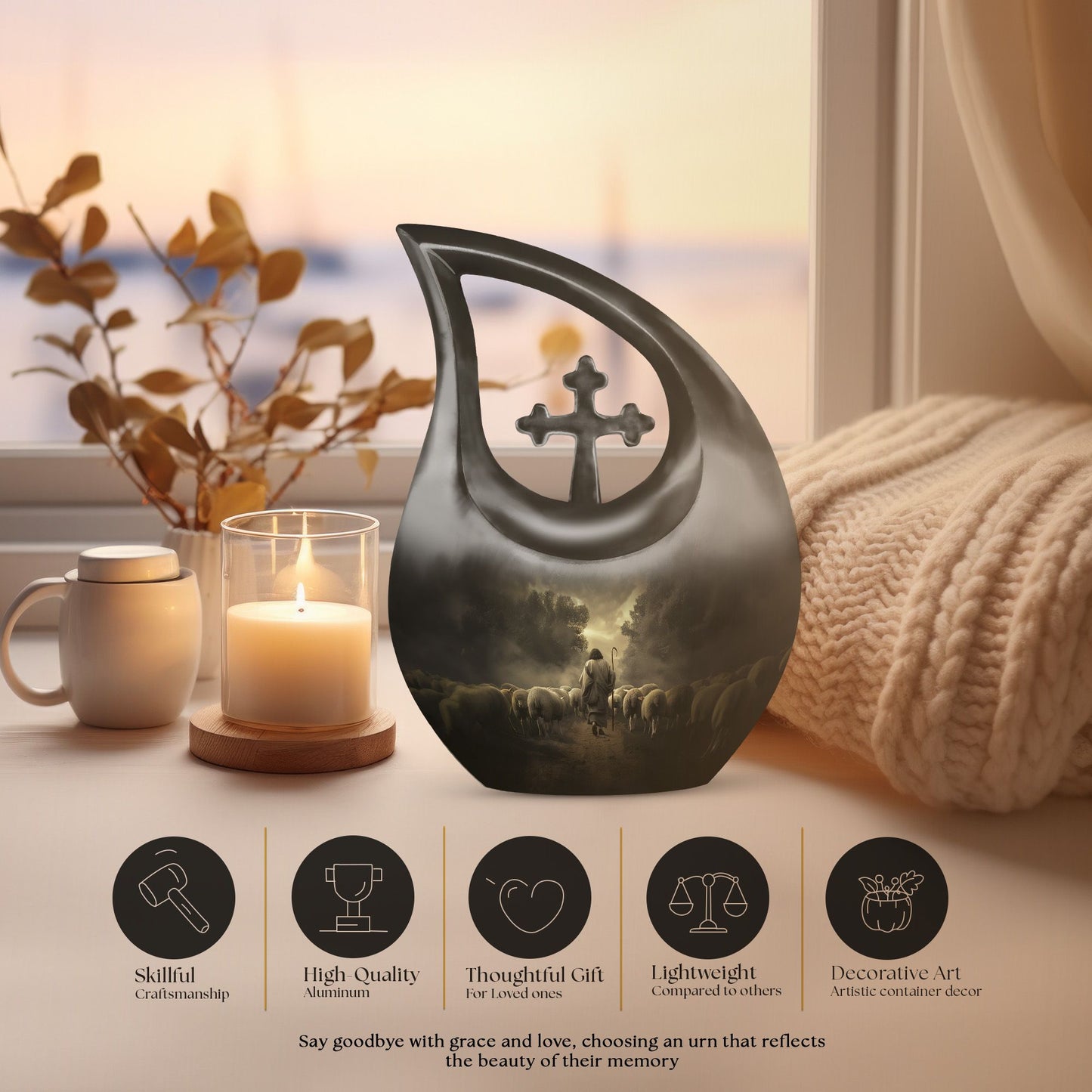 10-inch Shepherd-themed Cross Drop Large Urn 