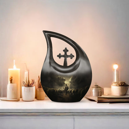 10-inch Shepherd-themed Cross Drop Large Urn 