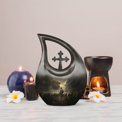 10-inch Shepherd-themed Cross Drop Large Urn 