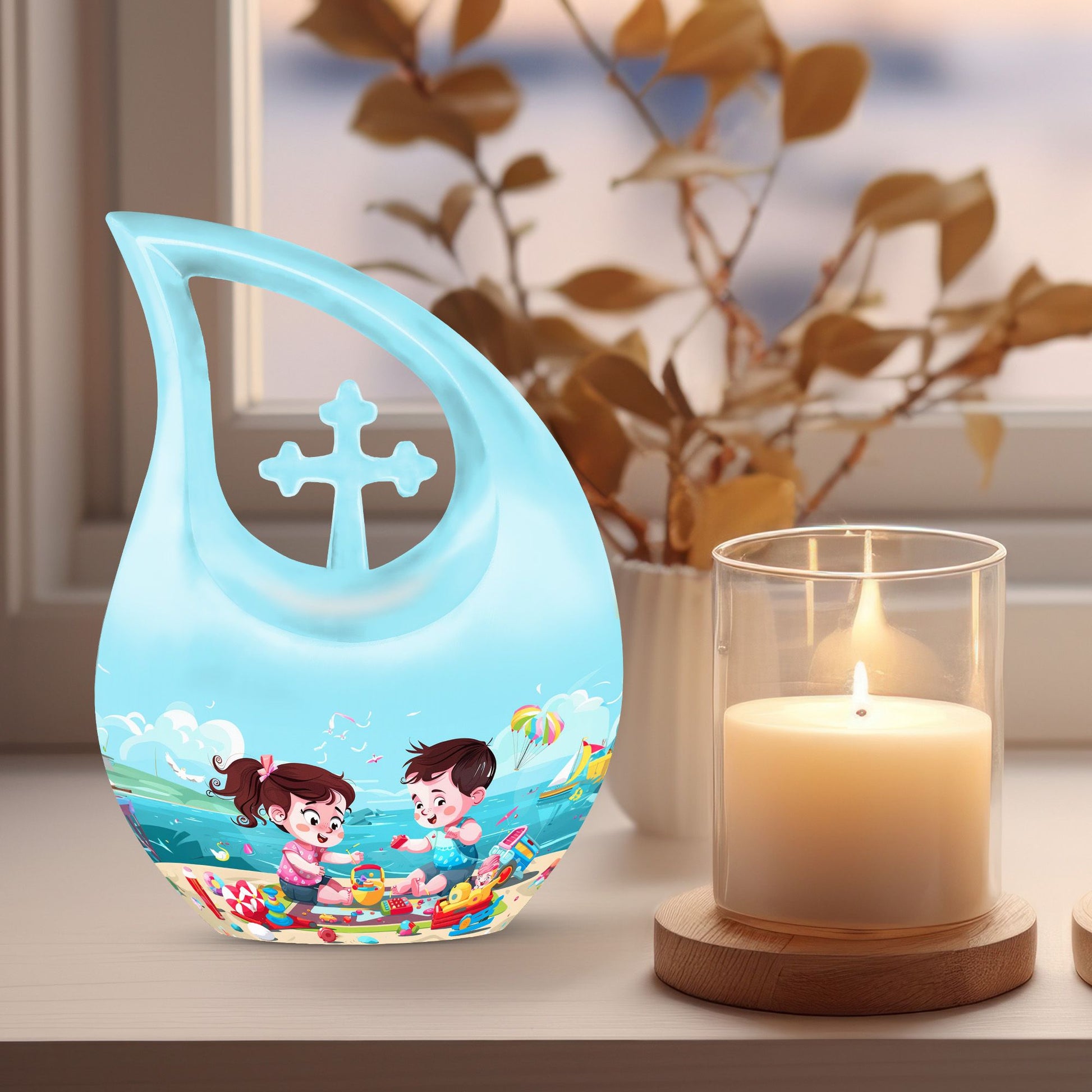 10-inch Brother and Sister themed Cross Drop urn