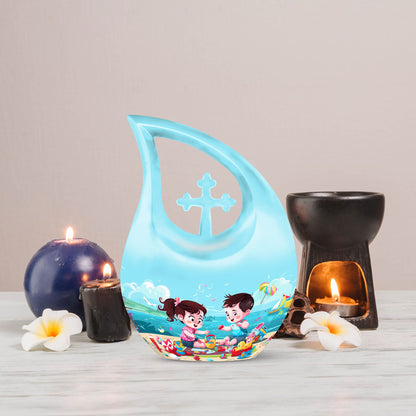 10-inch Brother and Sister themed Cross Drop urn