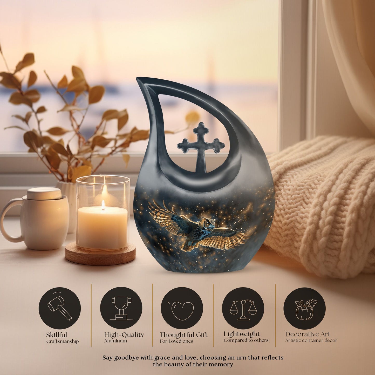 10-inch Owl-themed Cross Drop Urn 