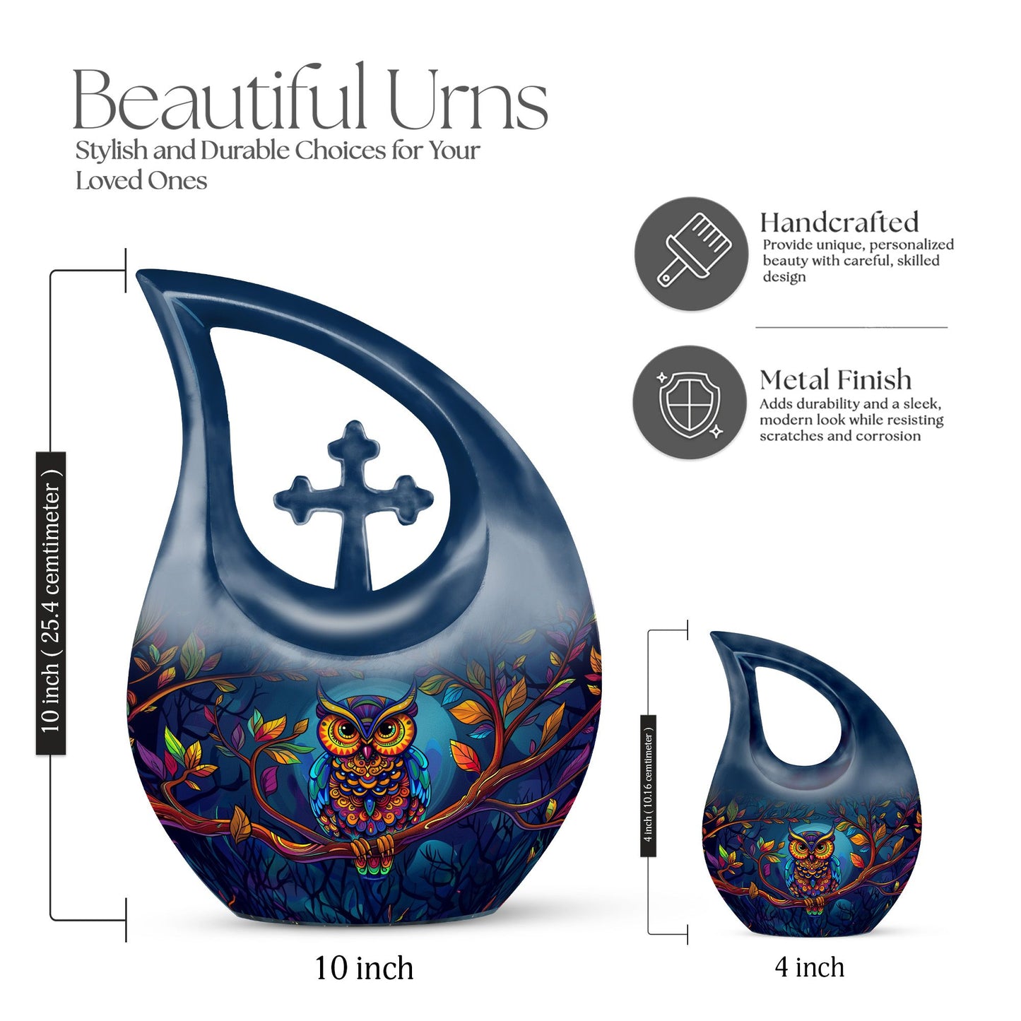 10-inch Owl themed Aluminium Cross Drop Cremation Urn