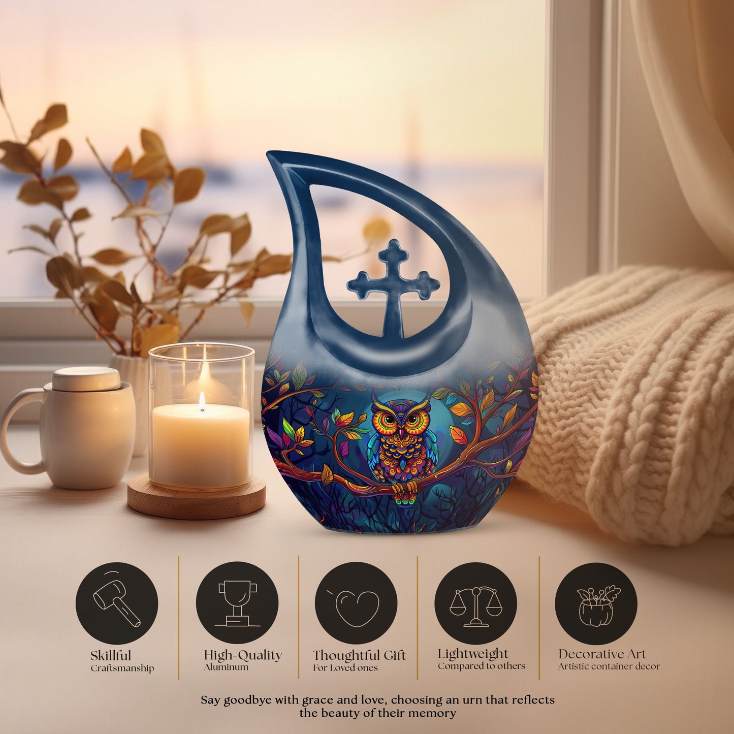 10-inch Owl themed Aluminium Cross Drop Cremation Urn