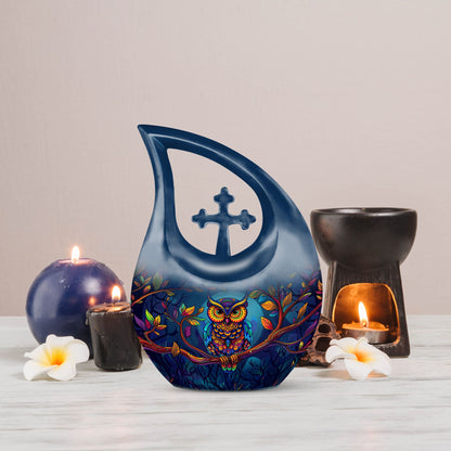 10-inch Owl themed Aluminium Cross Drop Cremation Urn