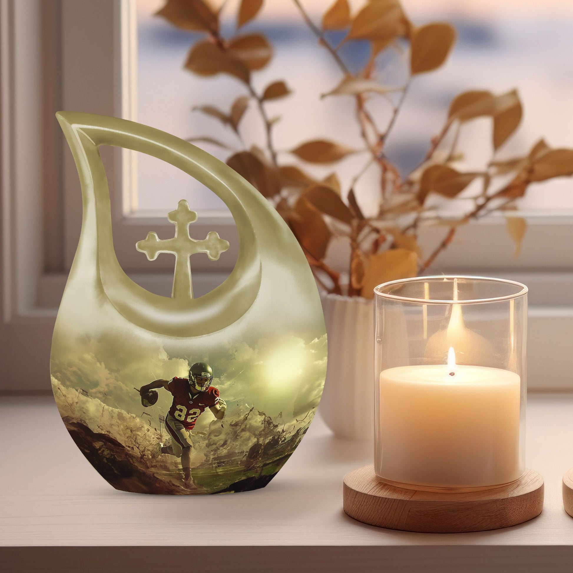 10-inch Football Themed Cross Drop Large Urn, 