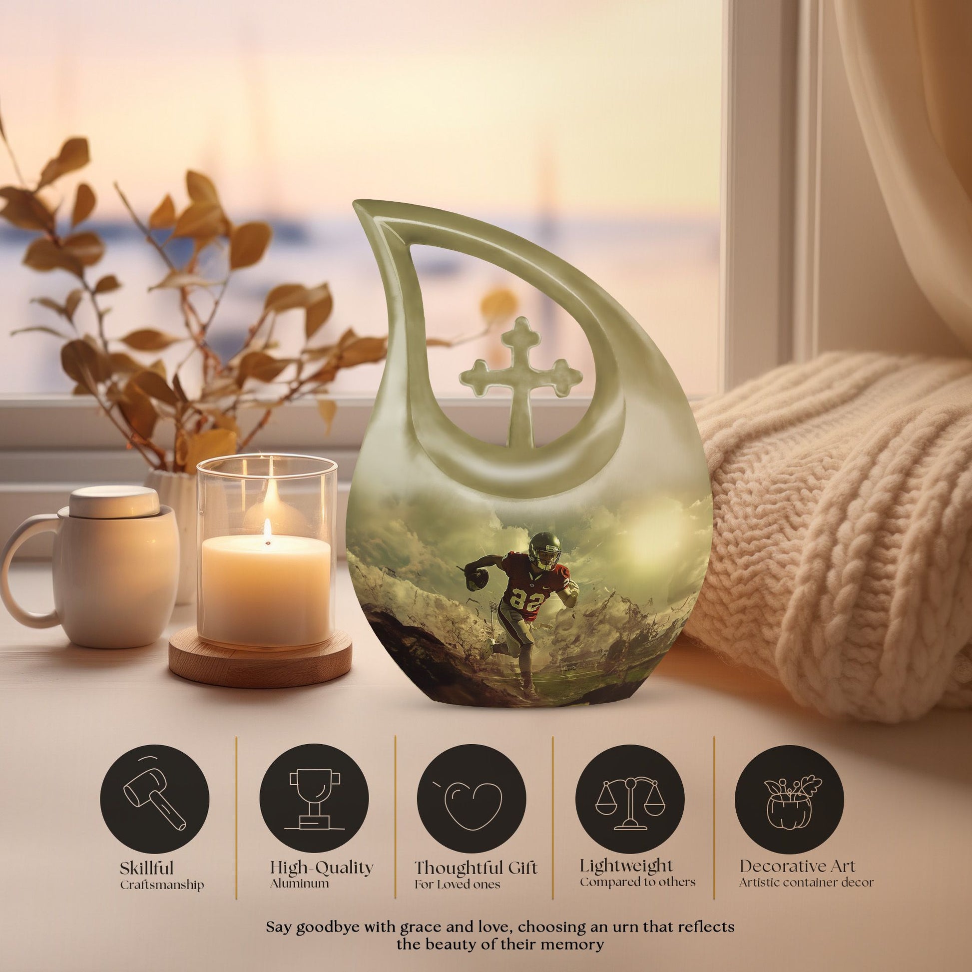 10-inch Football Themed Cross Drop Large Urn, 