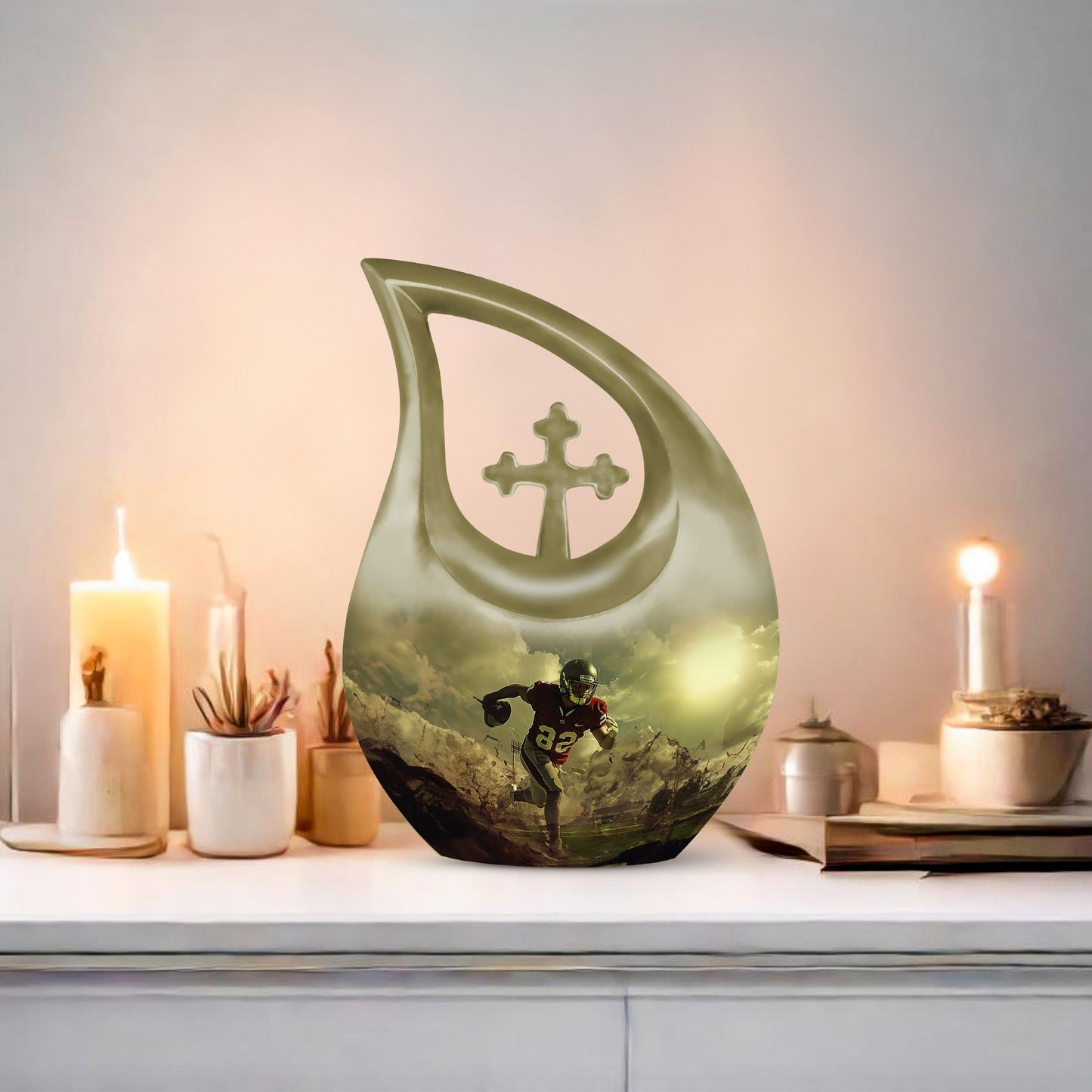 10-inch Football Themed Cross Drop Large Urn, 