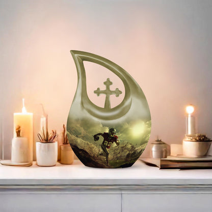 10-inch Football Themed Cross Drop Large Urn, 