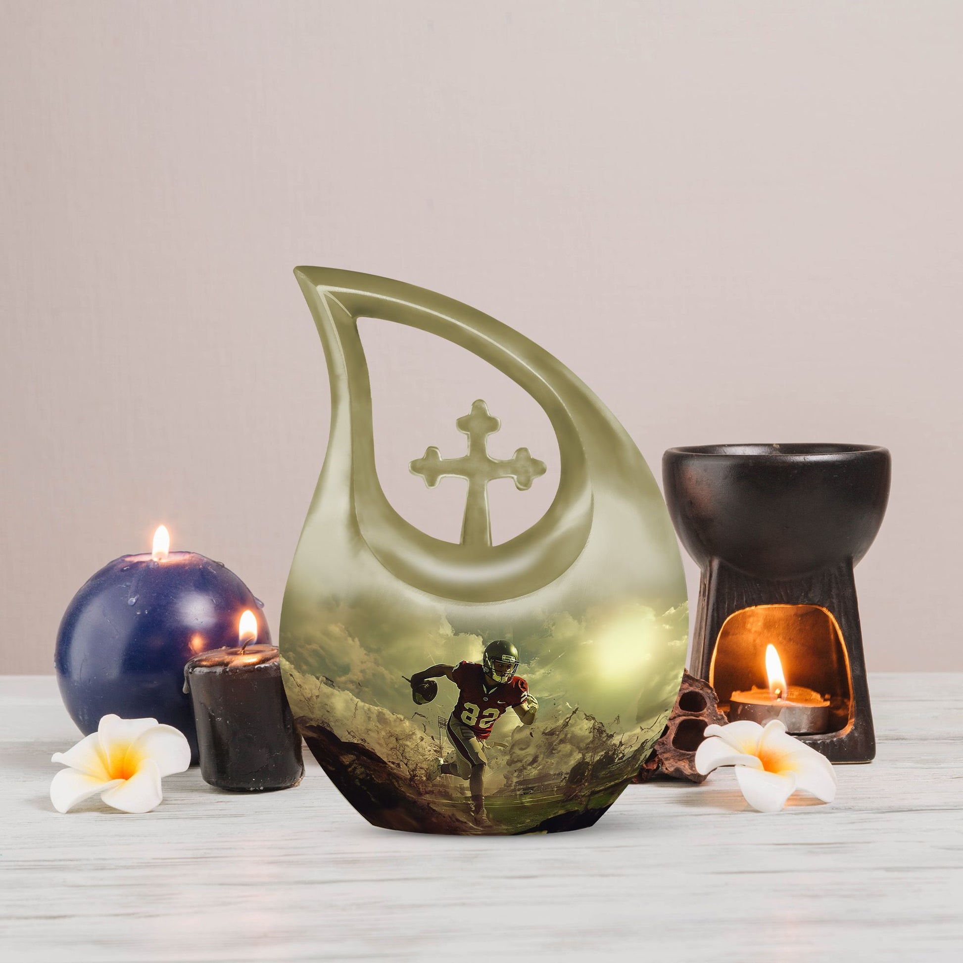 10-inch Football Themed Cross Drop Large Urn, 