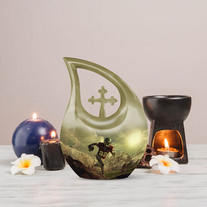 10-inch Football Themed Cross Drop Large Urn, 