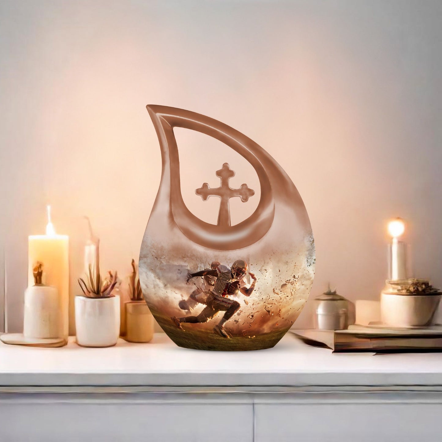 10-inch Football Themed Cross Drop Memorial Urn, 