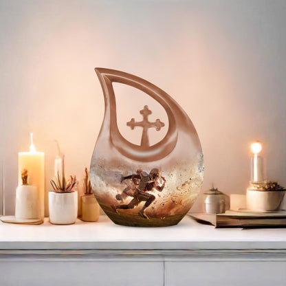 10-inch Football Themed Cross Drop Memorial Urn, 