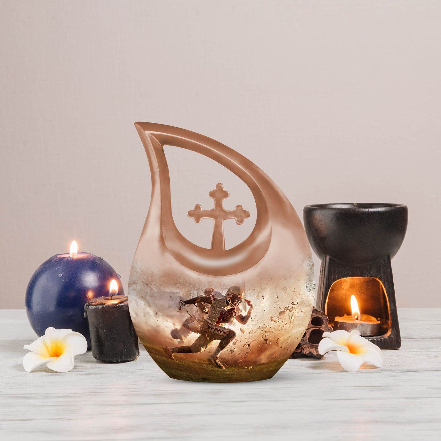 10-inch Football Themed Cross Drop Memorial Urn, 