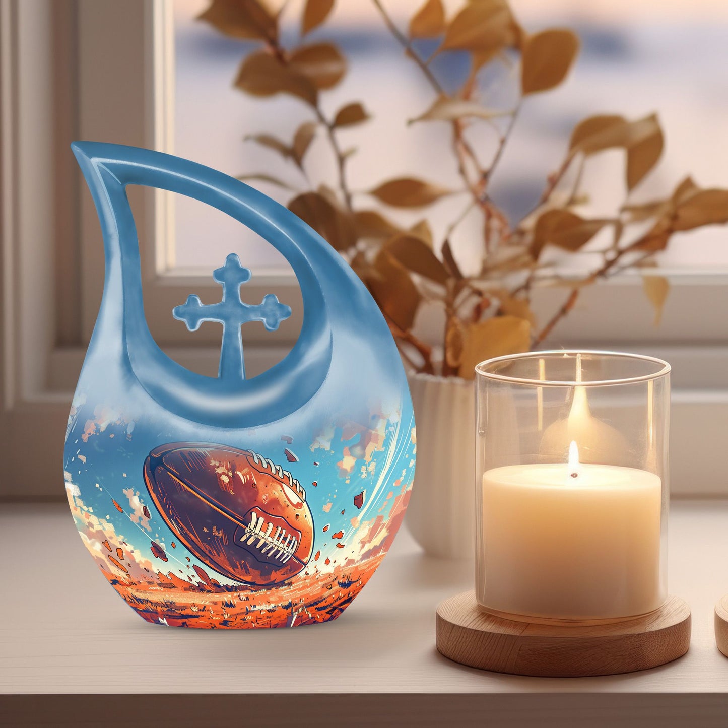10-inch Cross Drop Football Urn, Large Memorial Urn 