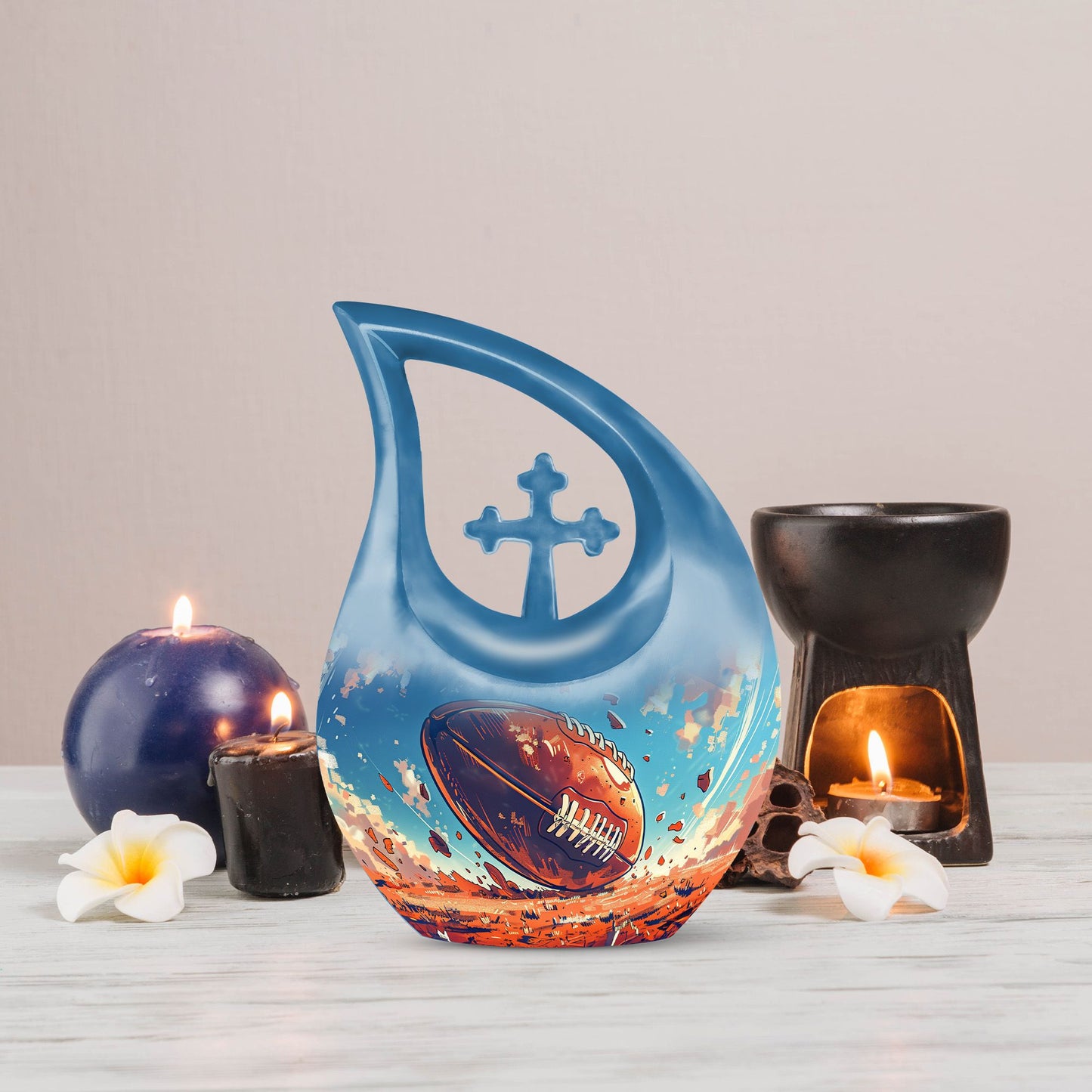 10-inch Cross Drop Football Urn, Large Memorial Urn 