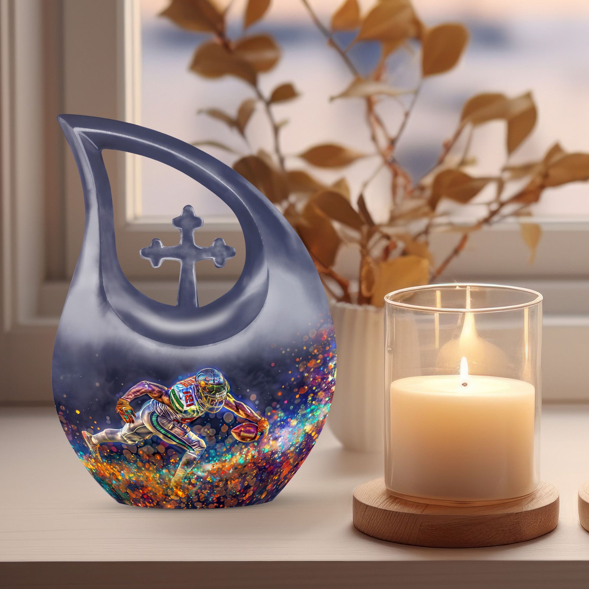 10-inch Football Themed Cross Drop Custom Mom Memorial Urn 