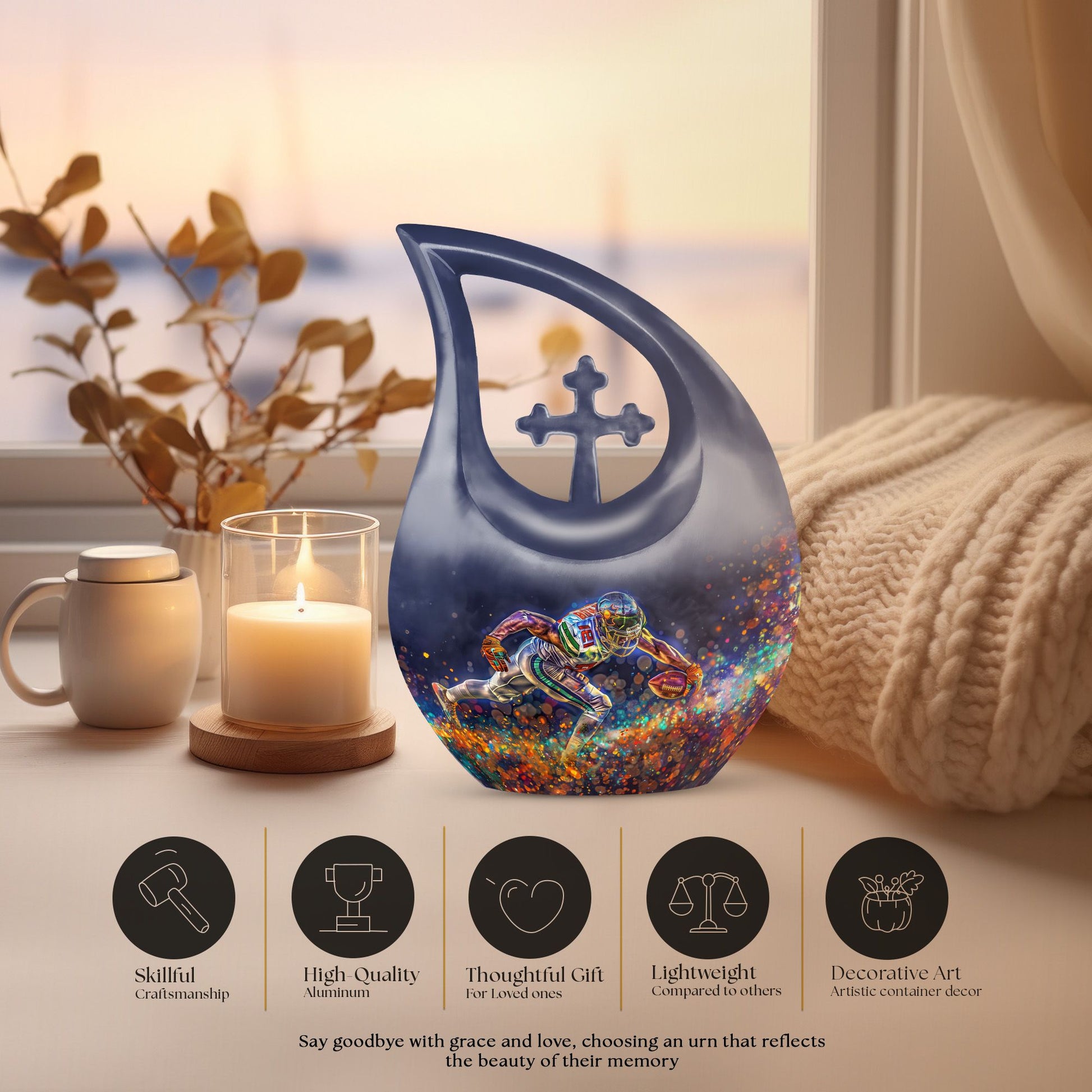 10-inch Football Themed Cross Drop Custom Mom Memorial Urn 