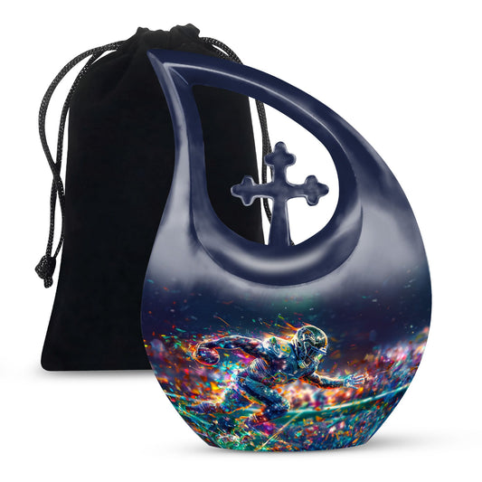 10-inch Football themed Cross Drop Aluminium Funeral Urn