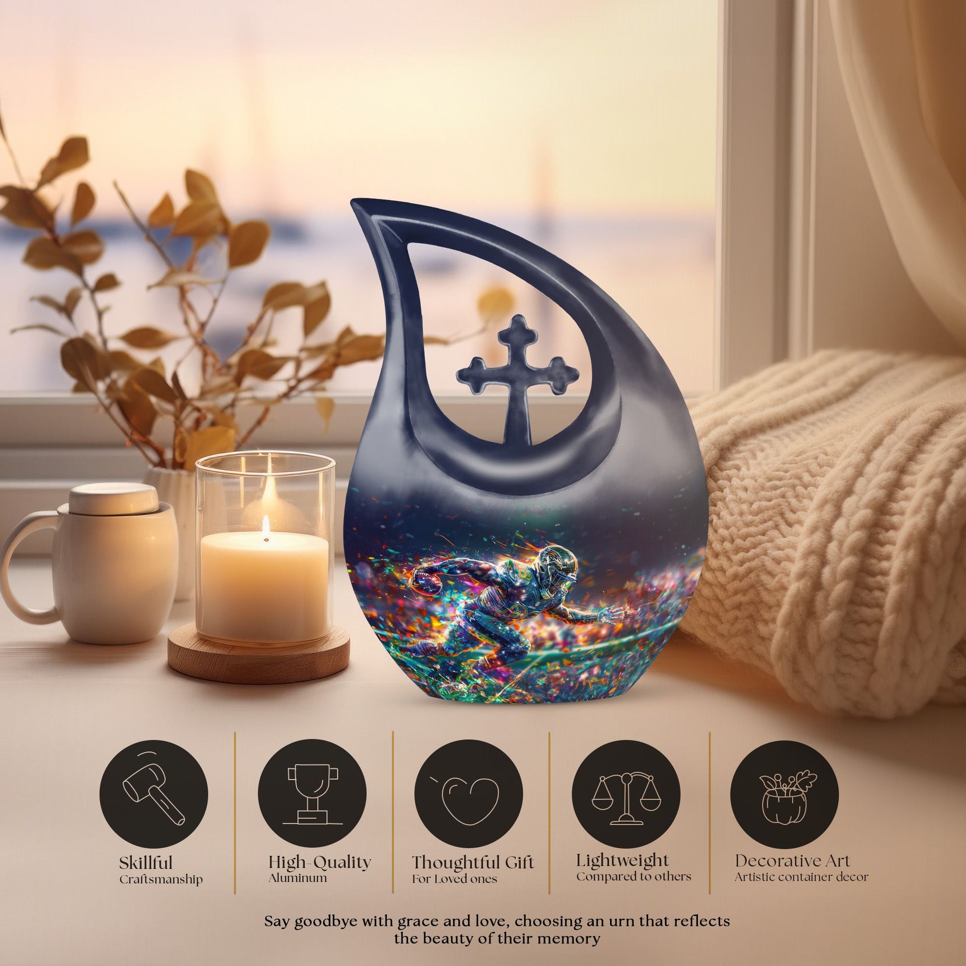 10-inch Football themed Cross Drop Aluminium Funeral Urn