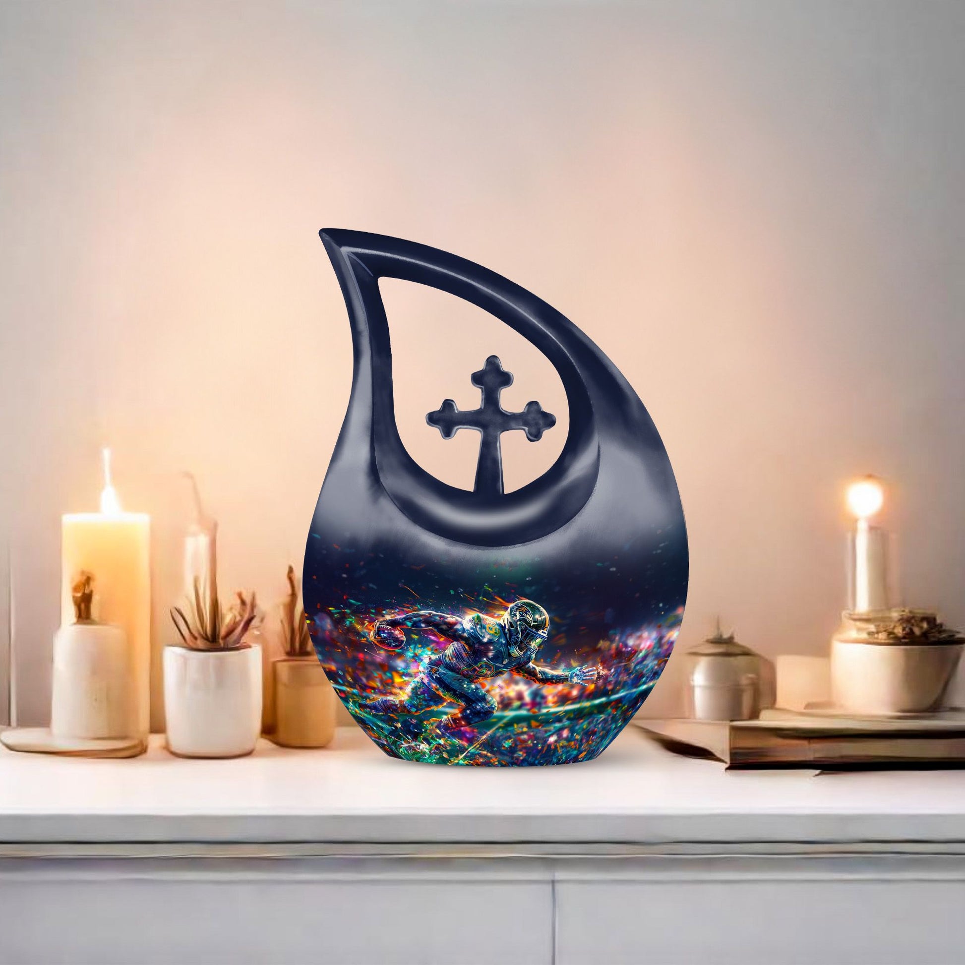 10-inch Football themed Cross Drop Aluminium Funeral Urn